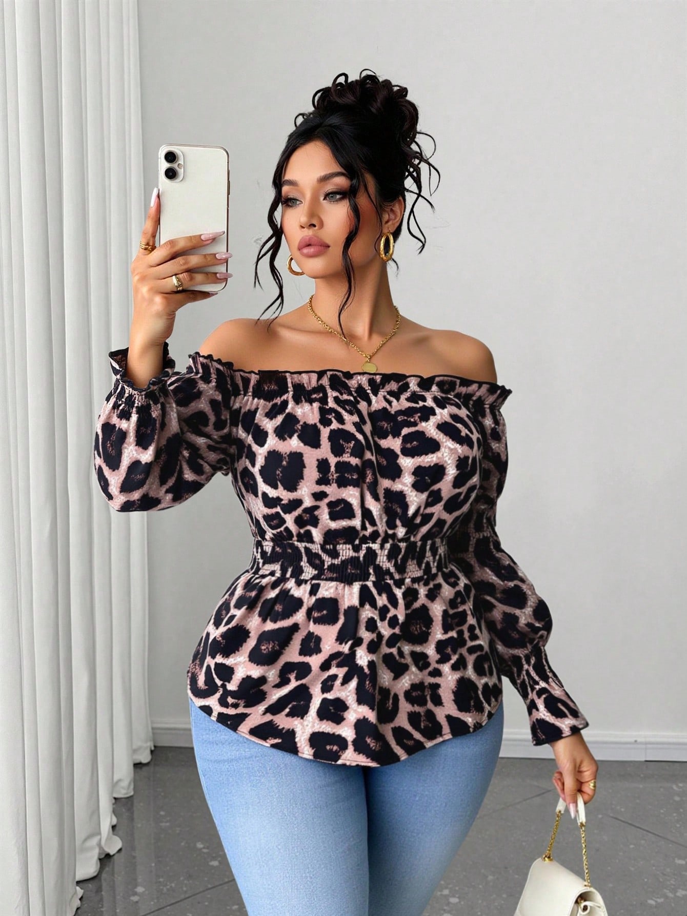 Plus Size Women Leopard Print  - Off Shoulder Blouse 评论和价格