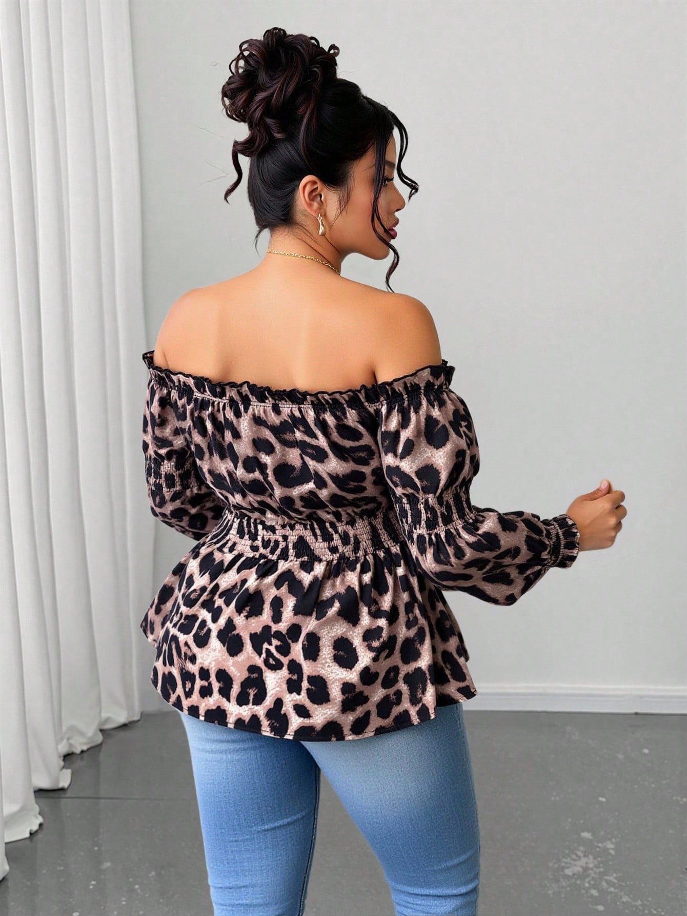 Plus Size Women Leopard Print  - Off Shoulder Blouse 评论和价格