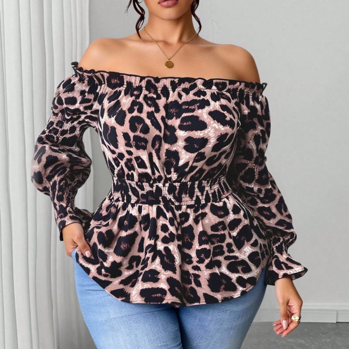 Plus Size Women Leopard Print  - Off Shoulder Blouse 评论和价格