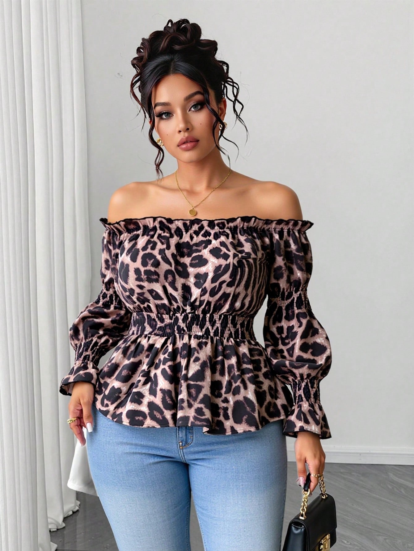 Plus Size Women Leopard Print  - Off Shoulder Blouse 评论和价格