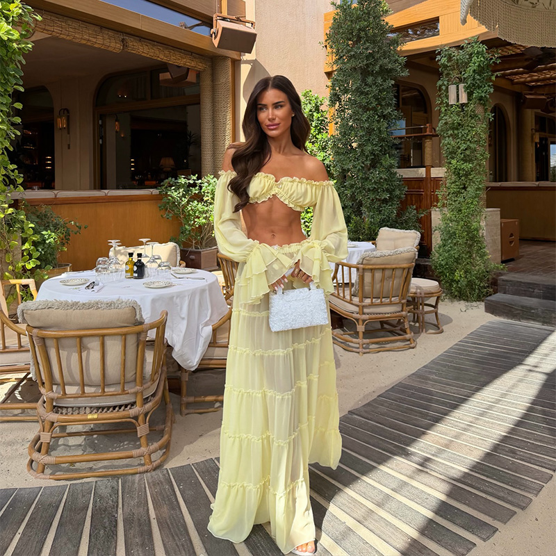Vacation Chic Yellow Maxi Skir - Off Shoulder Blouse 评论和价格