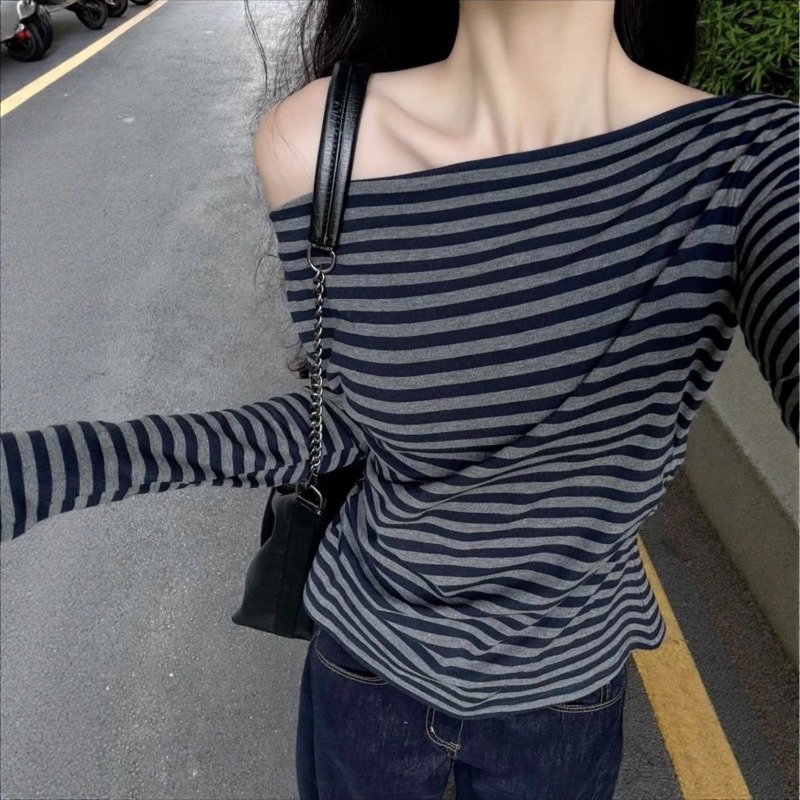 Women Vintage Striped Off Shou - Off Shoulder Blouse 评论和价格