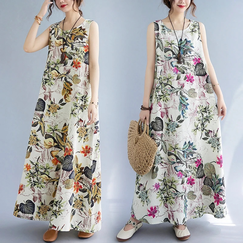 Summer Floral Print Cotton Lin - Sundress Midi Floral 评论和价格