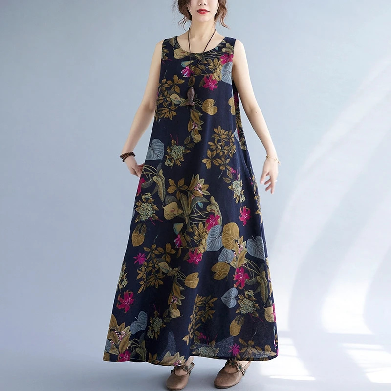 Summer Floral Print Cotton Lin - Sundress Midi Floral 评论和价格