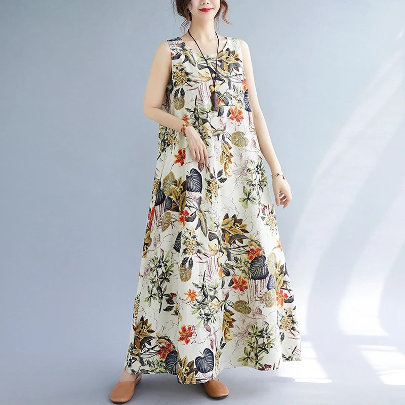 Summer Floral Print Cotton Lin - Sundress Midi Floral 评论和价格