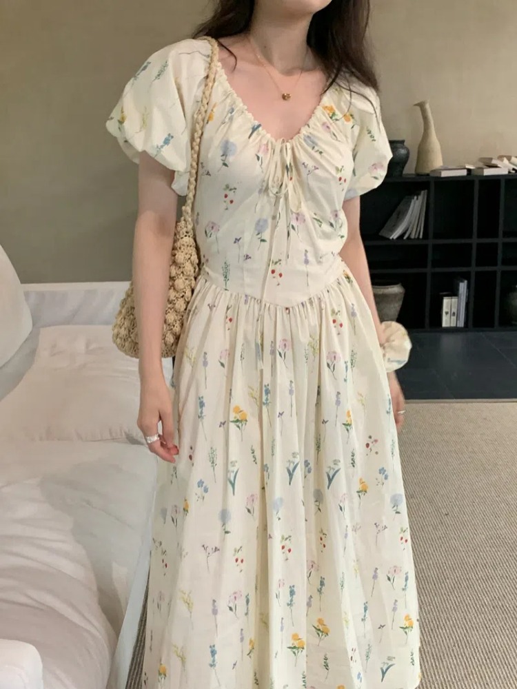 Vintage V Neck Puff Sleeve Lon - Sundress Midi Floral 评论和价格